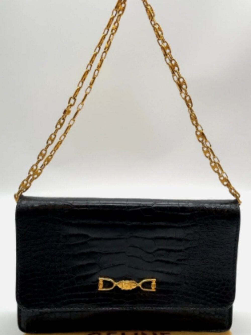 Celine Crocodile-Embossed Leather Black Chain Shoulder Bag  Product Code: i06110